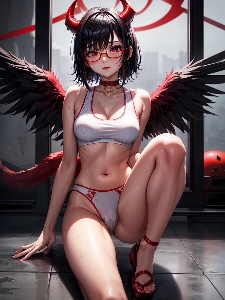 Beautiful girl,Korea, sitting among red light neon,
18 years old,Short hair, shoulder length,black hair, medium breasts,wet, sweat, camel toe, red lips ,Wear glasses,
White underwear, sexy pose,
red eyes, Squat and spread your legs. Sexy lady, กางเกงใน girl, baby face,
Two horns and a red demon tail, slim, angel wings,