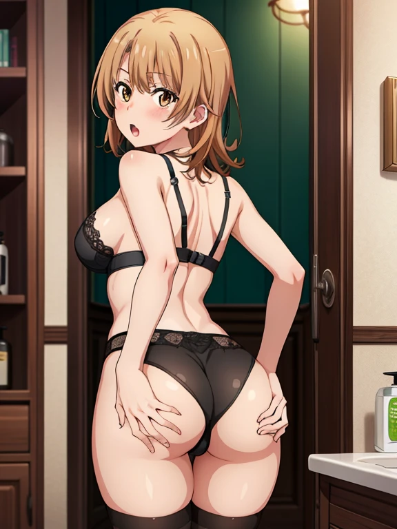 ((masutepiece, Best Quality, hight resolution, nffsw, Perfect Pixel, depth of fields, 4K, )), 1girl in, Solo, , Beautiful anime girl, Beautiful Art Style, bathroom background, Looking back:1.4, (hands on own ass), (grabbing own ass),
Perfect body, :o, standing, show teeth, front facing:1.4,
isshiki iroha, large breasts, Full face blush, black stockings, black lingerie,
straight on:1.3, medium shot