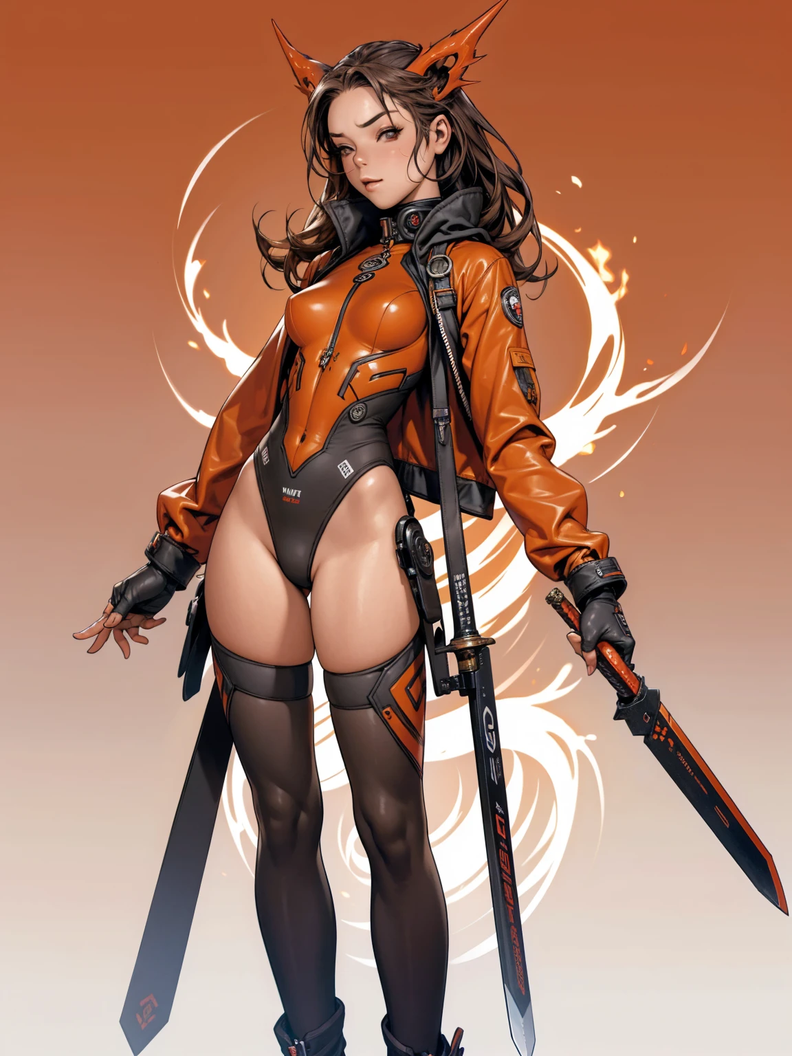 (((urban techwear))), ((( red suit ))), (((Bandaged body))), ((high collar)), (((corpo fitness))), (((best qualityer: 1.4))), (Unbeatable masterpiece), (hiper HD),(CG 8k hyper-realistic), (((brave face))), (((breasts small))), (((hyper feminine))), sexly girl, sucubus,((long curly hair)), ((( sculptural body ))), (((1 girl))), 15 year old cyber girl with perfect body,,Beautiful and well-groomed face,muscular body:1.2,solid color detailed jacket, (Head to thigh photos), complex outfit with graphic flames, (((standing alone))), violent brat, ((())), sexly, pose de atitude, Create a cool character for a gacha game based on the game Zenless Zone Zero, female character in devil clothes in warm colors, S-level fire elemental character, devil horns and tail, gorgeous face, nymph body, lolly, haughty, devilish smile, wielding a serrated sword, pose de atitude, aggressive movements, Shark teeth, fully body