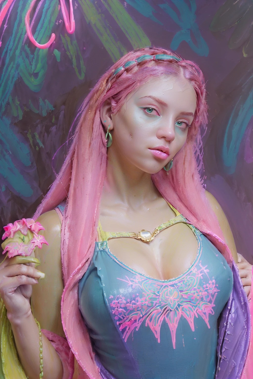 Oil painting featuring a 18yo Blonde girl surrounded by lush plants. serene glow(18yo, curvy girl, bold eyebrows, expressive blue-eyes, natural makeup, puffy lips(bold pink-lips), large sagging breasts, long straight and gold-blonde haircombed back), porcelain skin(very pale skin), wide hips, large breasts). Pot face expression. ((The girl is wearing a contrastant-sheer top, Oversized hoodie, underwear peeking out(thong visible), oversized-eyeglasses, plastic bag,(Emphasizing facial expressions OR details in her outfit. in a gold earrings, matched bracelets, As an asymmetric pose ((In her arms(she cradles a flower with gentle), surrounded by lush plants)),(with gold upholstery), at her back a part of painting inspired by(Pierre Auguste Cot, Daniel F. Gerhartz, Jules Joseph Lefebvre, Bouguereau, Albert Lynch, Roberto Ferri), balanced, graceful, 'aesthetically pleasing', highly detailed oil painting, a fine art painting, figurative art, (((Oil painting with a intricate explosion of neon colors including((bright pink/ teal/ purple/ and lime-green))colors palette theme)))