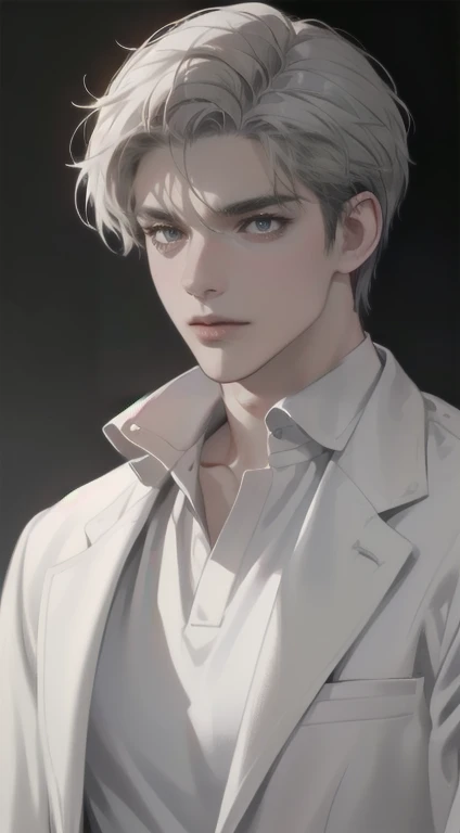 masterpiece, best quality, realistic, 1man, mature male, quiet and charming  man, 35 years old, close his eyes, serious look, extremely detailed face, smirk, ((dark grey eyes)), ((short-right-swept dark white hair)), [thick eyebrows], detective, Black background, ((suit)), cinematic lighting
