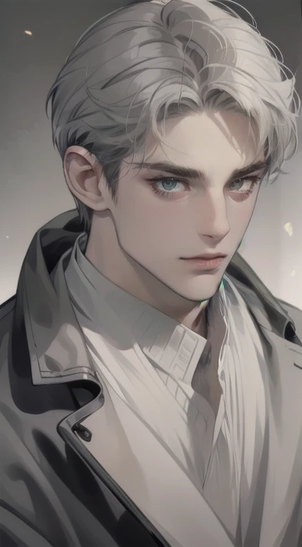 masterpiece, best quality, realistic, 1man, mature male, quiet and charming  man, 35 years old, close his eyes, serious look, extremely detailed face, smirk, ((dark grey eyes)), ((short-right-swept dark white hair)), [thick eyebrows], detective, Black background, ((suit)), cinematic lighting