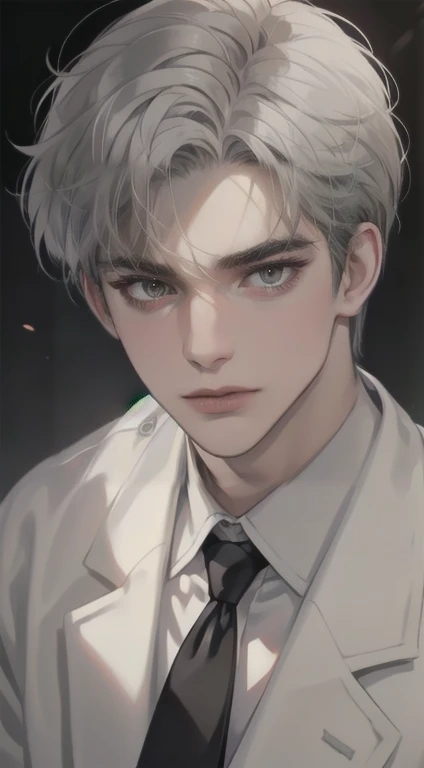 masterpiece, best quality, realistic, 1man, mature male, quiet and charming  man, 35 years old, close his eyes, serious look, extremely detailed face, smirk, ((dark grey eyes)), ((short-right-swept dark white hair)), [thick eyebrows], detective, Black background, ((suit)), cinematic lighting