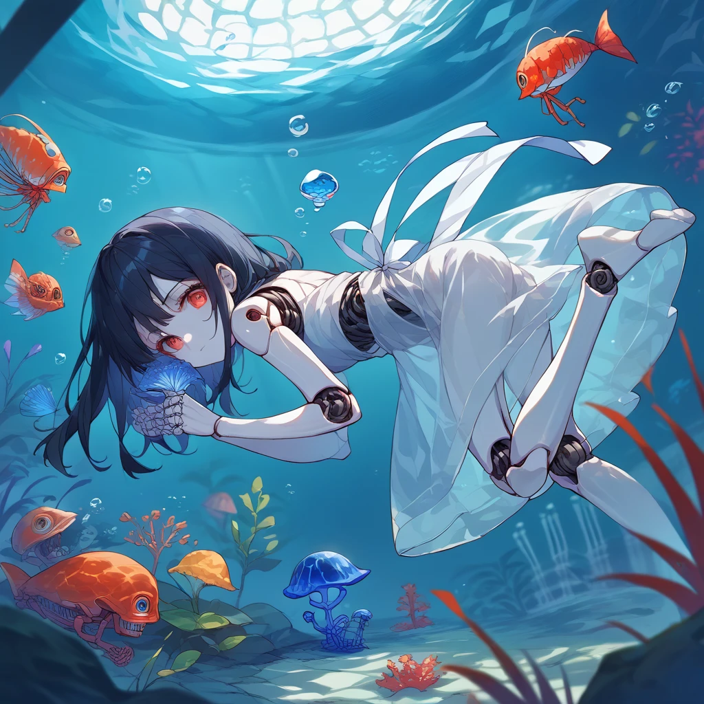 core_9_up, score_8_up, score_7_up, score_6_up, source_anime, 2D、1girl, black hair, red eyes, skeleton body, Translucent dress、骨が見えてる、 blue jellyfish, aquarium, robot joints