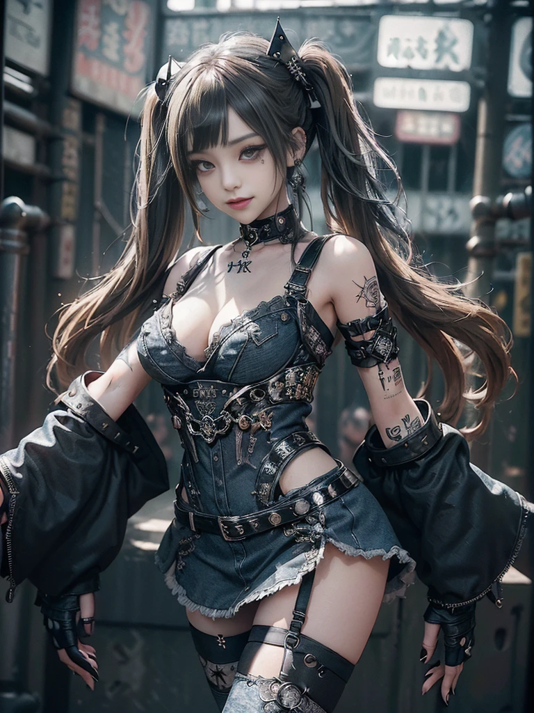 (Smiling with teeth showing:1.3),(Shibuya Gal:1.5)、(Prostitute:1.3)、(Gothic ta style fashion:1.5)、(Punk RockVisual Kei:1.4)、(Denim and black and white medieval noble mini skirt dress:1.5)、(Denim with black and white medieval gloves and bustier:1.5)、(Denim high heels:1.3)、(Wearing silver accessories:1.5)、(Denim collar:1.4)、(Black Leather Garter Belt:1.4)、(Brown Skin Belt:1.3)、(Black lace underwear:1.5)、20-year-old、NSFW、((Highest quality、In 8K、masterpiece:1.3))、Sharp focus:1.2、(Layered Cut、Huge boobs:1.1),Beautiful woman with perfect figure:1.4、(Dancing vigorously:1.3)、Slender Abs:1.2、Highly detailed face and skin texture、Detailed eyes、double eyelid,(Twin tails:1.3)、(Brown-golden hair:1.3)、Gravure idol、(The background is the Takarazuka Revue stage.:1.3)、(Slim body:1.2),(Make your legs thinner:1.4),(clavicle:1.1)