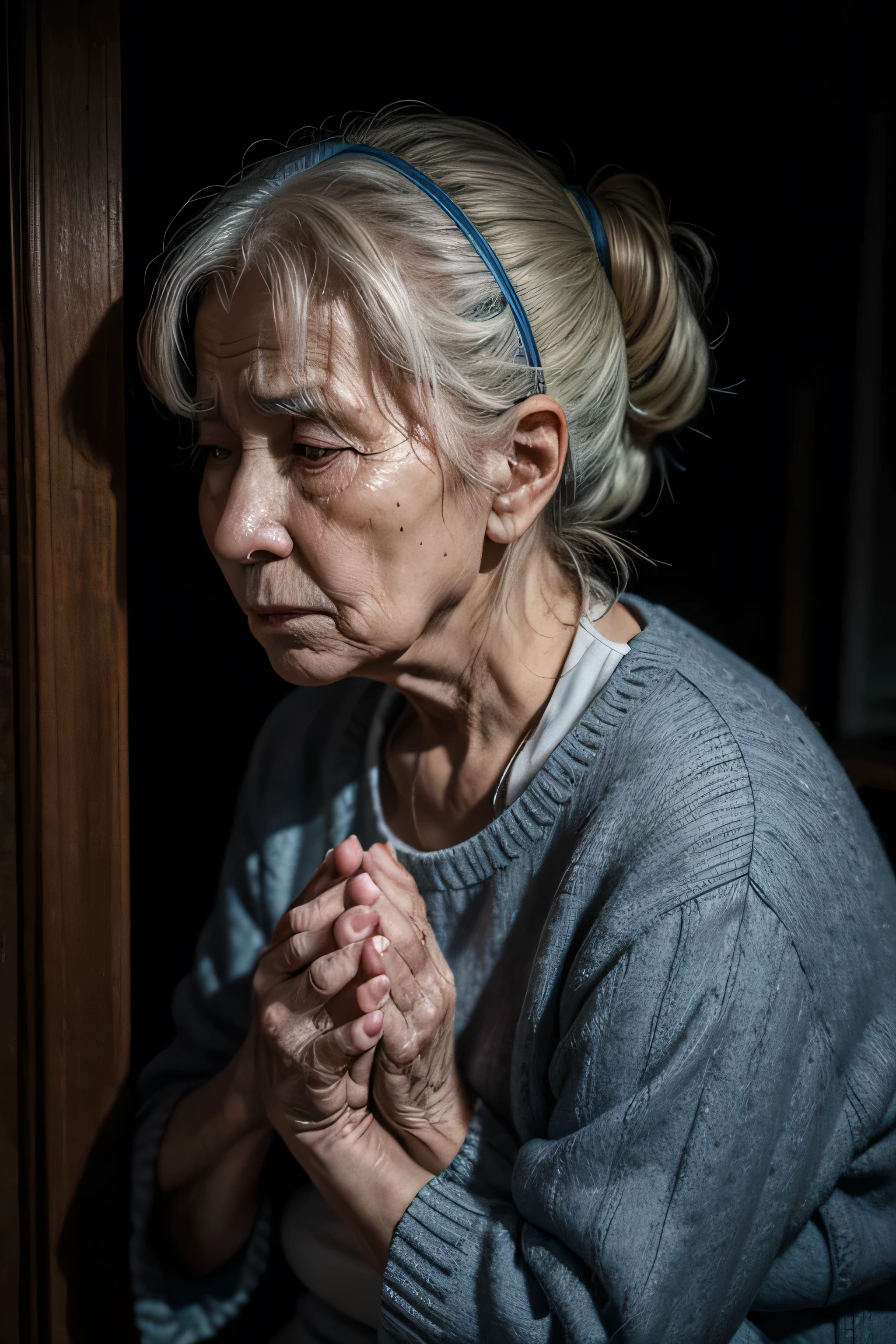 sad elderly woman praying in dark room