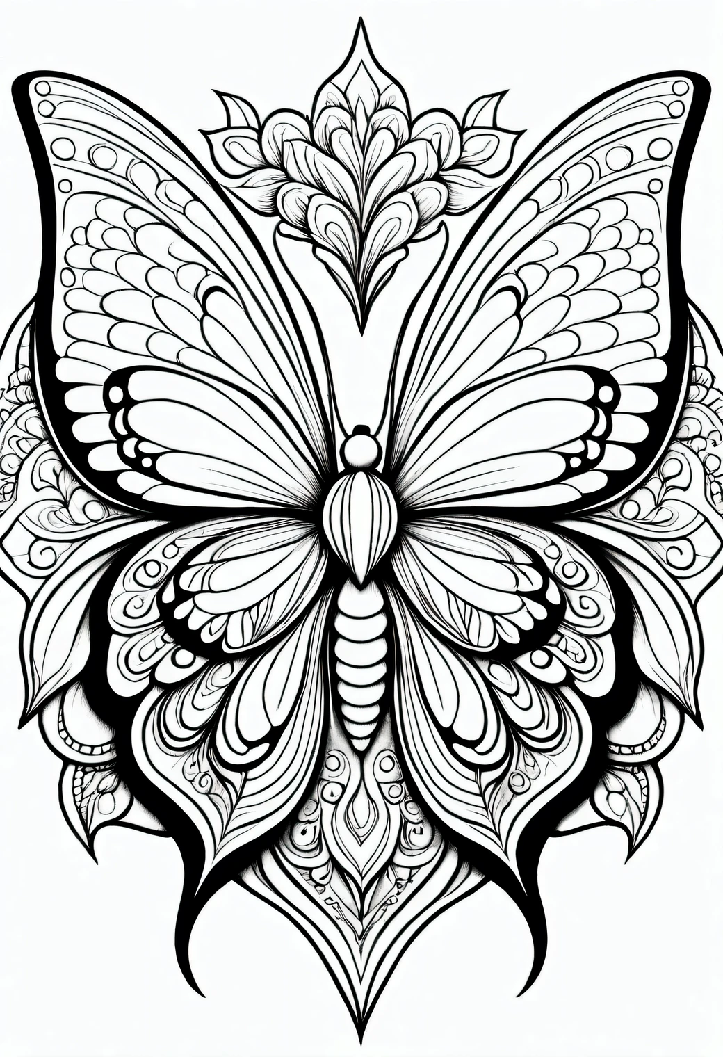 coloring page, mariposa, mandala type cartoon style, thick lines, line art, in black and white. bottomless.