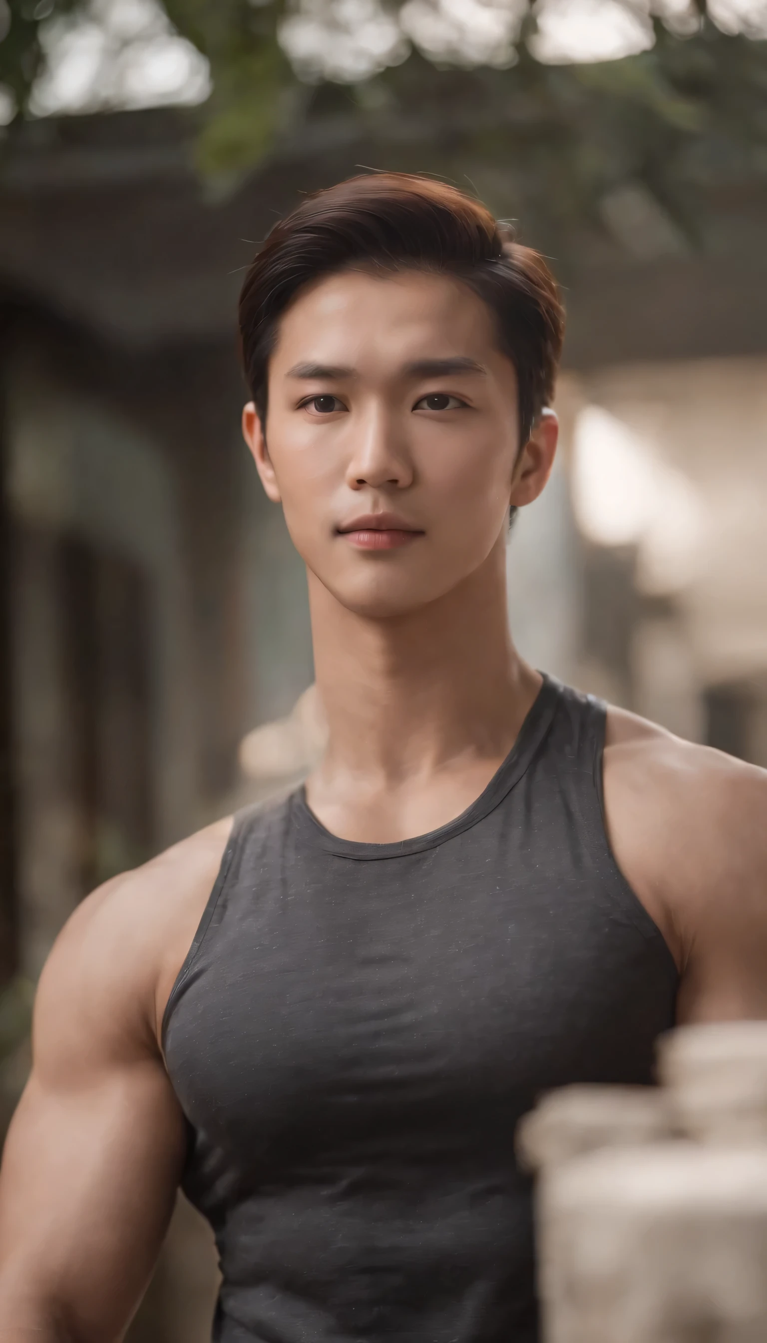 Asian men's gym wears a full tank top , brawny, height 190 cm, big shoulders, perfect figure beautiful woman:1.4, thin abs:1.1, ((dark  brown hair,No leaking big breasts:1.3 )),Large, muscular feet, (Detalhe do Draw Eye), (hentail realism)