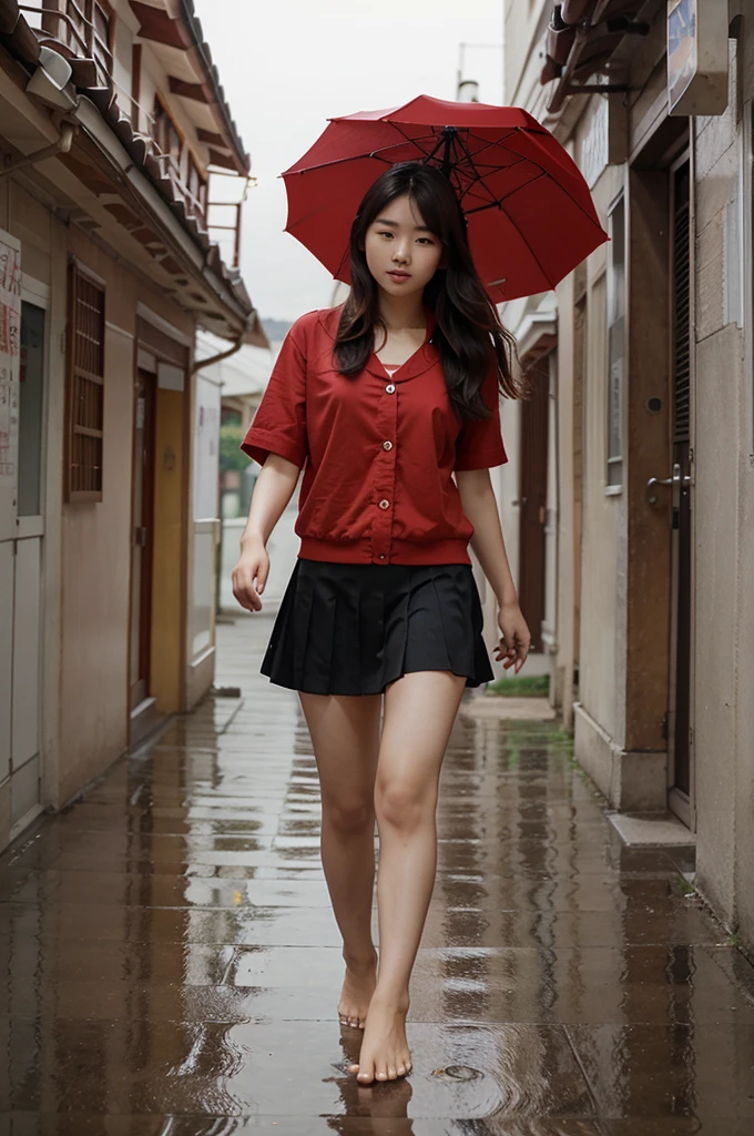a beautiful korean girl in a barefoot is walking with a red umbrella. the girl's hair and skirt seem to be waving in the very strong wind.