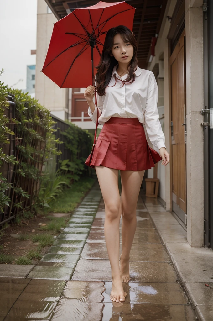 a beautiful korean girl in a barefoot is walking with a red umbrella. the girl's hair and skirt seem to be waving in the very strong wind.