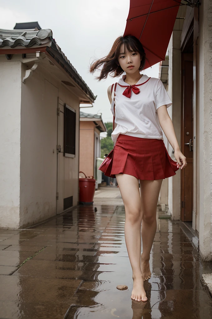 a beautiful korean girl in a barefoot is walking with a red umbrella. the girl's hair and skirt seem to be waving in the very strong wind.