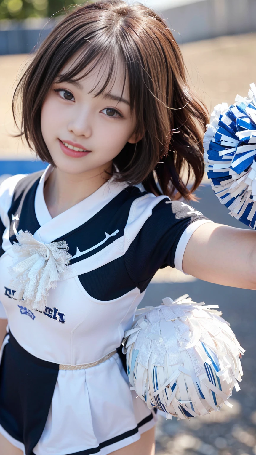 masterpiece, ultra detailed, ultra high res, (photorealistic:1.4), 8k, RAW photo, best quality, detailed shadow, sharp focus, bloom, (bokeh:1.3), (blue Hour Light:1.6), (dynamic pose:1.5), (cowboy shot:1.3), (close up:1.5), (looking at viewer:1.2),
break
1girl, (laugh:1.5), (open mouth:1.4), (light brown hair:1), (wavy hair:1.6), (short bob cut:1.5), (bangs:1), (small breasts:1), (perfect face:1.4), super detailed beautiful skin, (abs:0.7), (round face:1.5), (wide forehead:1.25), (skinny:1.2), (fair skin:1.5), (transparent skin:1.5),(Japanese idle:1.5), (loli face:1),
(detailed and structured patterns:1.6), (18 years old:1.5), (cheergirl:1.6), (black cheerleader uniform:1.6), (latex:1.1), 
(stadium:1.2)