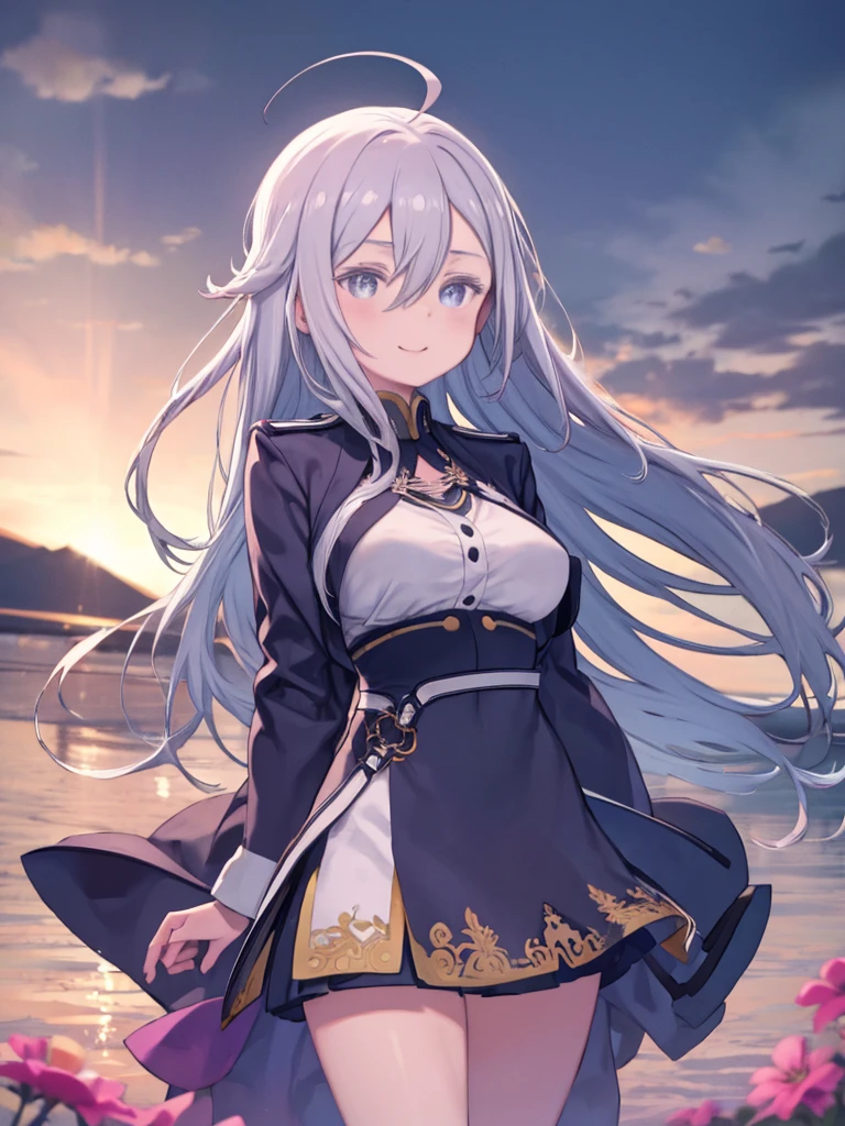 One Mature Woman、Grey Eyes、Grey Hair、Hair between the eyes、Long Hair、Ahoge、Big Breasts、Huge breasts、 Blue jacket、Blue Skirt、uniform 、White knee socks、White shirt, Watching the audience、Smiling、Upper Body、Are standing、Licoriceが咲き乱れる丘、sunset、Sunset、With higan flowers、Licorice、Hair blowing in the wind、Looking Back、