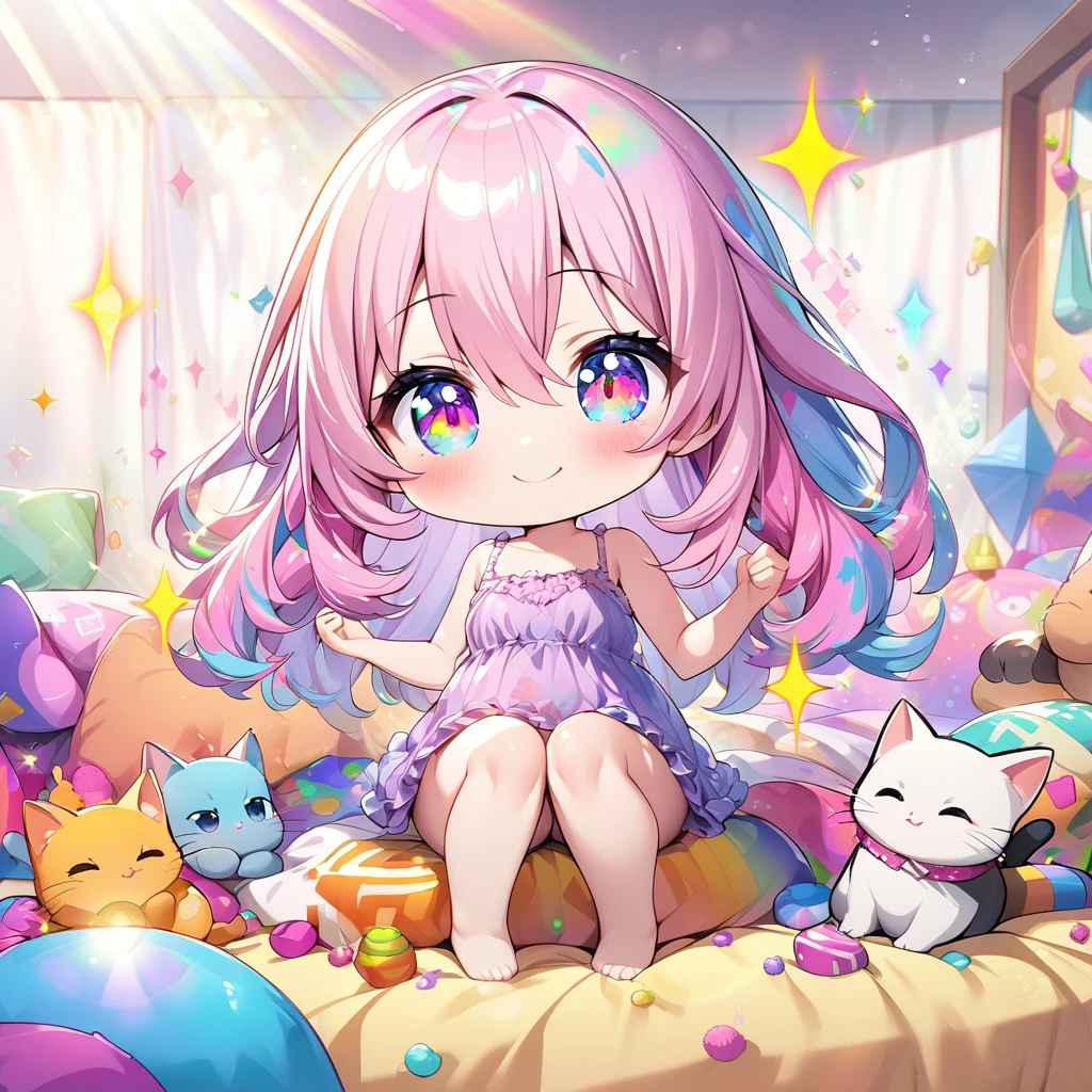 masterpiece, best quality, 4k、2D illustration、one beautiful girl、solo、(((chibi style)))、((vivid colors))、cute chibi、lovely chibi、((long beautiful hair)), glossy light pink hair, hair between eyes, cute、beautifully detailed eyes、((camisole dress)), ((miniskirt))、((colorful))、((happy smile))、sitting on bed、((full body shot))、((kitten)), ((lots of colorful stuff around))、((bed))、sparkle、((lens flare))、
