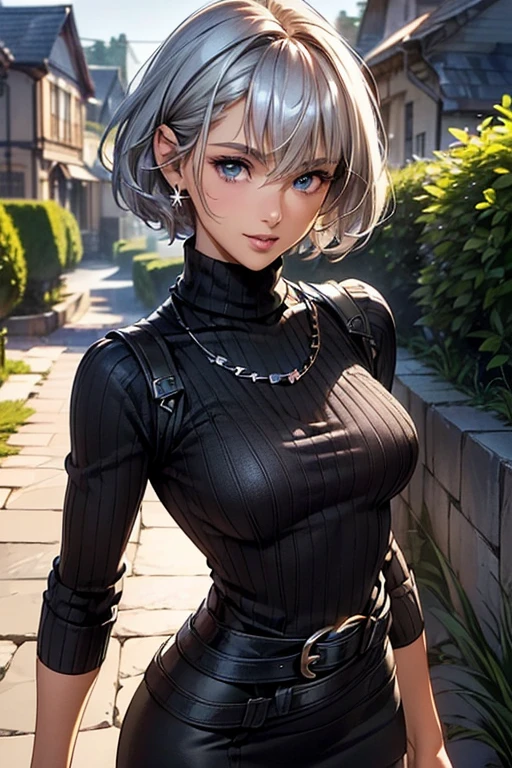 #Basics A girl is posing for a photo, animeのかわいい女の子, (((One Girl, Baby Face, Young girl, 16 years old))),
BREAK
#Clothing Accessories
((Black knit sweater dress:1.2) : High neck sleeveless + Tight fit at the waist with a black belt + Shiny and sheer black pantyhose, Lace-up boots),
Red gemstone earrings, fancy silver necklace,
BREAK
#Features
((Silver Hair)), Curly hair, (Pixie Cut Hair : Very short hair + Hair curled outside + Thin Hair),
(Droopy eyes, blue eyes), (Small breasts), (Dark Skin:1.6
BREAK
#background environment
(noon、(Stone path lit by sunlight, garden, A rural townscape can be seen in the background.)),
#Facial Expression Pose
((Wicked Smile), (A powerful walking pose with arms naturally hanging down at the sides)),
#composition
((Face the camera, Cowboy Shot)),
BREAK
#Body parts elements
(Detailed hair, Beautiful Hair, Shiny Hair),
(double eyelid, Long eyelashes),
(Expression of fine eyes, Beautiful and delicate eyes, Sparkling eyes, Eye Reflexes, Glitter Eyeliner),
(Human Ear),
(Beautiful Nose, Thin Nose),
(Glossy lips, Beautiful Lips, Thick lips, Glossy Lips, Natural Cheeks),
(Detailed face, Symmetrical facial features),
(Detailed skin, Textured skin, Beautiful Skin, Shiny skin),
BREAK
#Quality
(((Highest quality)), ((masterpiece)), ((Very detailed))), ((High resolution), (16K,1080P)),
(Realistic), (Anatomically correct),
((comics, anime)), (3DCG), CG illustration,