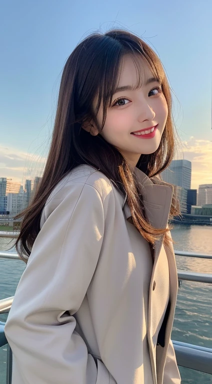 Tabletop, Highest quality, shape, Very detailed, finely, High resolution, 8k wallpaper, 完璧なダイナミックな構shape, Beautiful and detailed, Gorgeous black fluffy Tokyo winter wear,ランダムなcute髪,,Natural color lip, Bold sexy pose,smile、20-year-old girl、cute、sexy shot looking at camera,Always blur the background,Perfect and beautiful face,Take a picture of only the face,Beautiful and dense face、Slim face and figure,Big eyes、Putting on gal makeup,Small face,Wear a spring trench coat、Shooting from below、sunset、smile、Photographing the sky