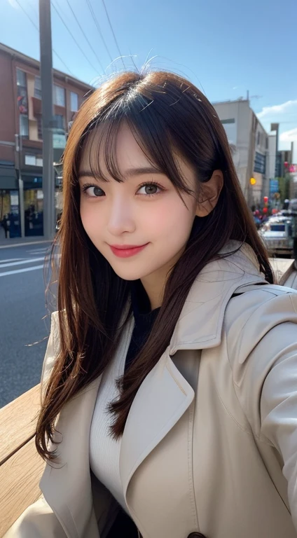 Tabletop, Highest quality, shape, Very detailed, finely, High resolution, 8k wallpaper, 完璧なダイナミックな構shape, Beautiful and detailed, Gorgeous black fluffy Tokyo winter wear,ランダムなcute髪,,Natural color lip, Bold sexy pose,smile、20-year-old girl、cute、sexy shot looking at camera,Always blur the background,Perfect and beautiful face,Take a picture of only the face,Beautiful and dense face、Slim face and figure,Big eyes、Putting on gal makeup,Small face,Wear a spring trench coat、Shooting from below、sunset、smile、Photographing the sky