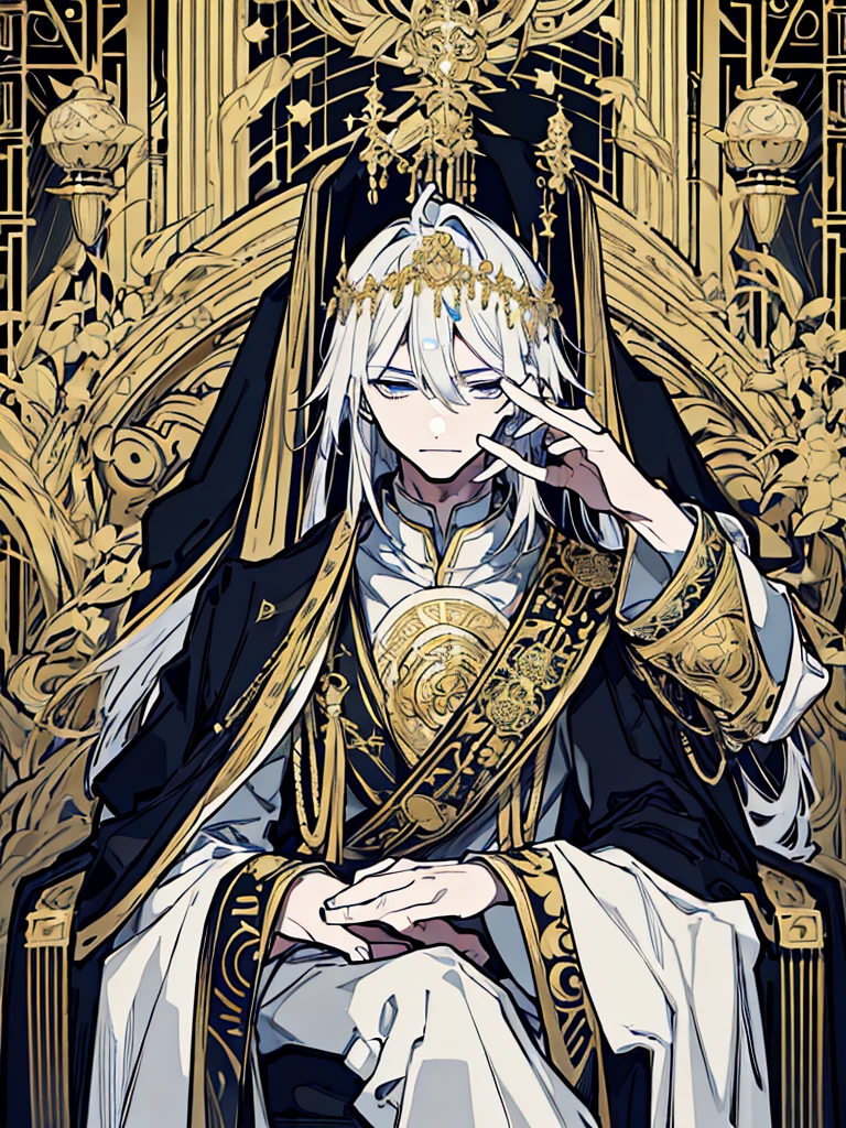 A white-haired man sat on a throne, wearing a black robe covered in intricate gold and silver decoration, with motifs of ancient symbols representing power and wisdom. His face was covered by an elegant mask with a design depicting the face of an invincible ancient god. mysterious smoke background.