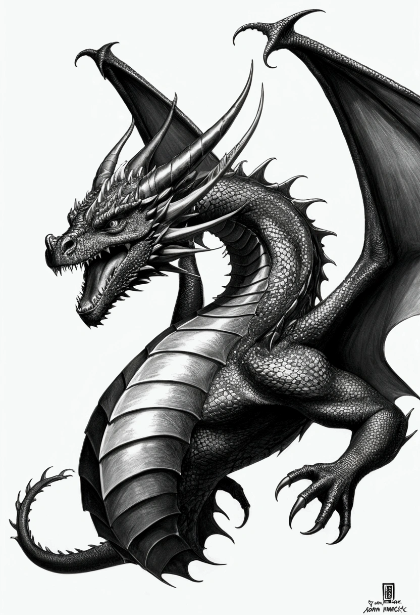 a drawing of Dragon flying with sharp teeth and sharp teeth, Dragonアート, Magnificent pencil illustration, 詳細なDragon, By Adam Marcinski, By Sava Šmanovic, Arthur Pang, Dragon, よくデザインされた雌のDragon, The entire wing appears and opens