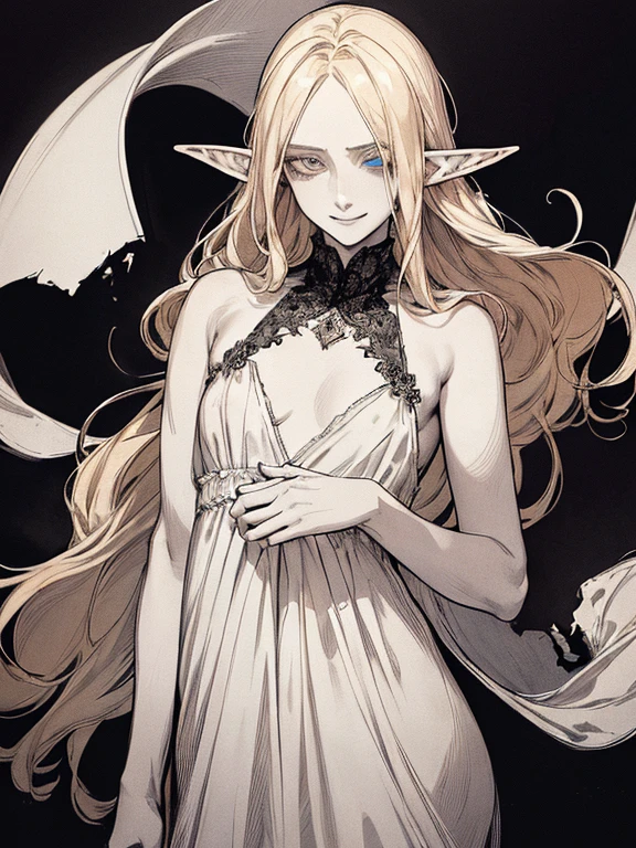 Highest quality, (Background details), High Contrast, so beautiful , Detailed original illustrations,very small stature、Baby Face、Villain、Elf, Wavy platinum blonde hair、 Delicate face, Spoiled brat、White sundress、Real breasts, Flat Chest、Wicked Smile, Evil Eye, Black background, (Black background: 1. 5), Beautiful line art, Monochrome