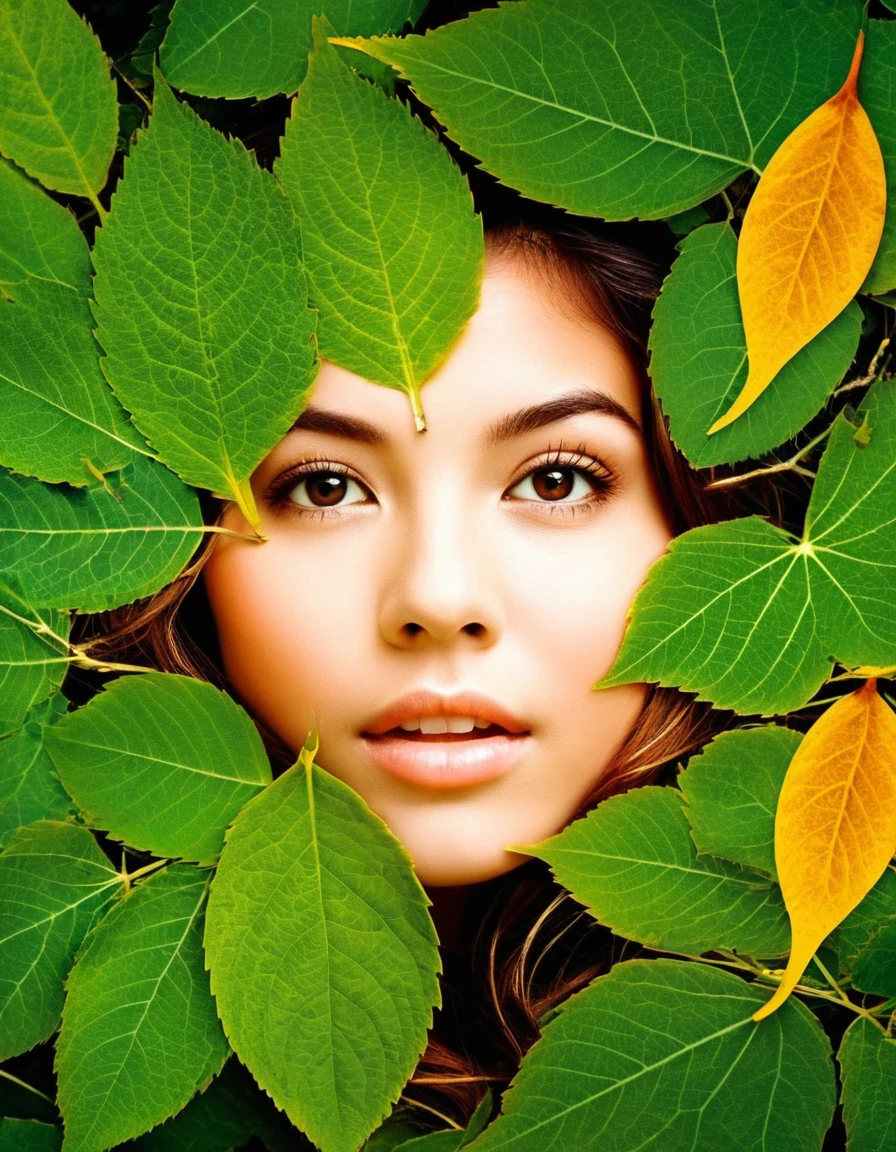Many types of trees There were leaves and branches colliding with each other, creating a gap that looked like a young woman's face. Dreams and magic...AI images