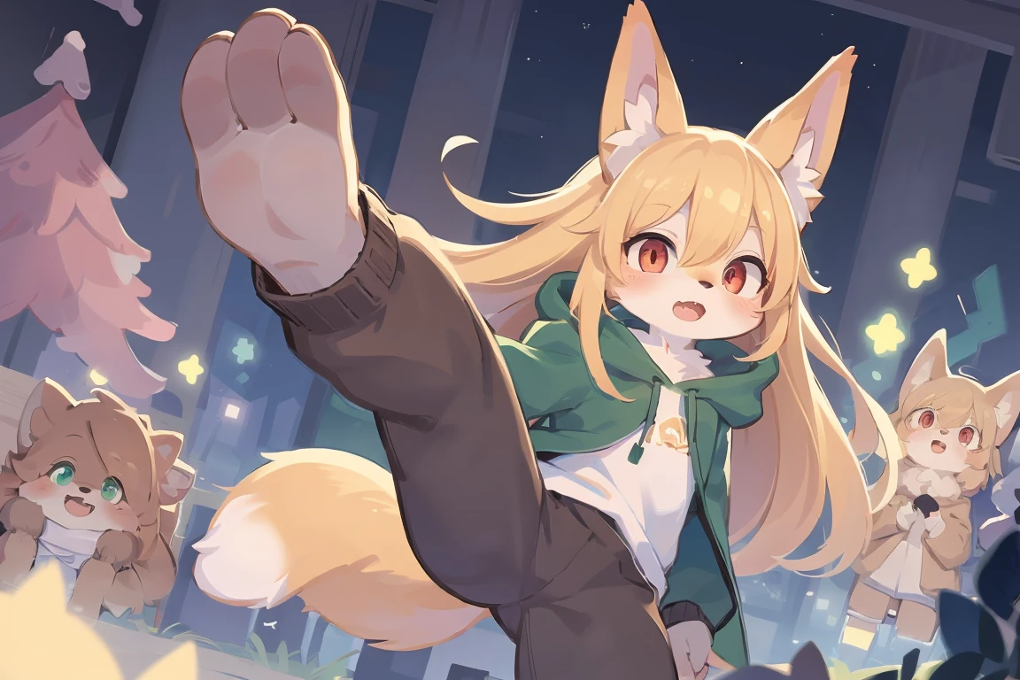 flat color, shota the fox, , was hairy, shaggy, skin fur, smooth lashes, golden fur, forelimb hands, straight long blonde hair, solid circle eyes, golden ears, golden fur, golden facial fur, shiny hair, red eyes, super cute face, 1fox tail, fluffy tail, furry tail, glowing eyes, green coat green hood down, brown trousers, open mouth, ambient light, ultra-fine fur, dashed eyes, masterpiece, high quality, high-details, best quality, (solo)