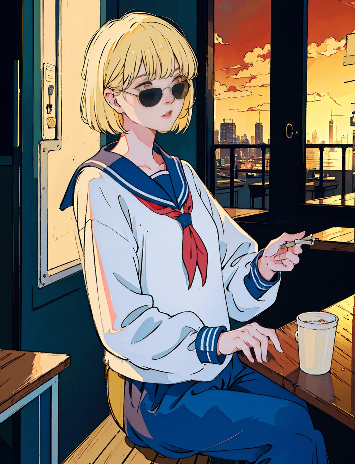Beautiful blonde Asian girl sitting in a restaurant at night,, Visible from the window, Perfect Face, sunglasses, Smoking white Taylormade cigarettes, Neon Black, (Backlit: 1.1), Hard Shadows, masterpiece, Highest quality, Complex, Model shooting style, Vintage, Film Grain, Incomplete details,Sailor suit