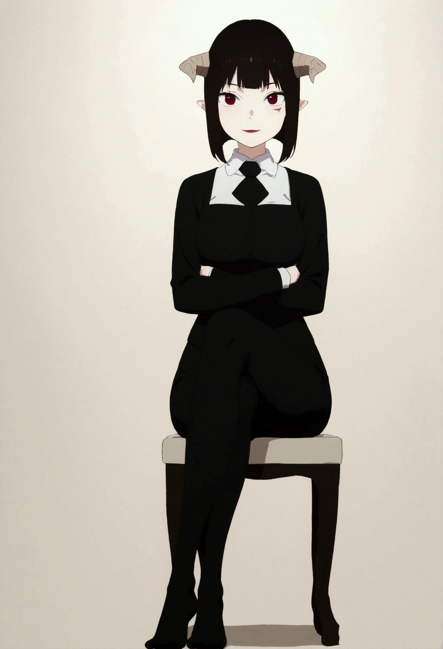 (work of art, ultra detali,high resolution,8K), 1 girl ,standing alone,hinterland,Look to viewer, TochaTortura, trunk,sheen,brunette skin,sitting on a chair,legs crossed,,black socks,horns on head,serious look,staring overhead
