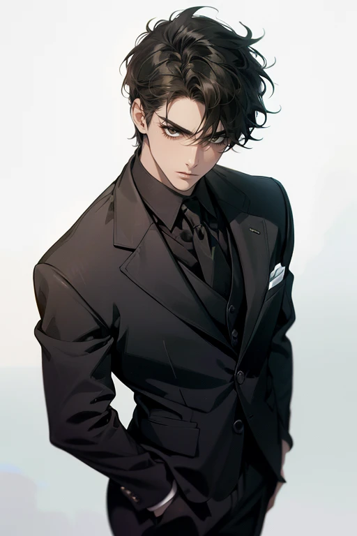 ((One man with a black suit and tie)), gotham, 1980s, alejandro, (((one-side swept black short hair))), (dark green eyes and thick eyebrows), smirk, ((30 years old)), ((masterpiece)), posture dynamic,