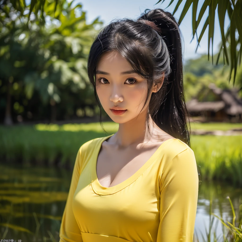 realistic: Open the aperture wide., professional lighting, Sony A7R4, 50 mm sitting lens. 2 ; Warm light, (digital painting, HDR ภาพถ่ายหน้าตรงThai anime, Female anime Araffe 25 30 years old, realistic: Open the aperture wide., professional lighting, Sony A7R4, 50 mm sitting lens. 2 ; Warm light, (digital painting, HDR, high contrast (digital painting, HDR, high contrast),Old jeans torn, bright colored t-shirts, Looking straight at you intently, Long-haired woman with a round face, Red cheeks, Pink cheeks, black eyes ตาสองชั้น, black eyes, Thai anime, Has a large chest size of 38 inches., ponytail woman, flowing black hair, long flowing black hair, she has black hair, Her black hair was long and wavy., beautiful black hair, Extra dark natural black hair, The shirt is tight., Looks hot., ,black eyes,abdominal muscles, rounded chest, outdoor, The background is a rice field., There is an old thatched Thai-style hut in the background., The evening sun shines, beautiful female model, jaw-dropping beauty, realistically,