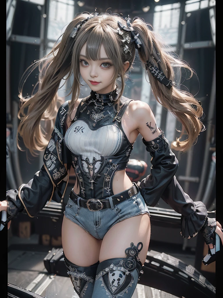 (Full Body View:1.4)、(Side view:1.1)、(Smiling with teeth showing:1.3),(Shibuya Gal:1.5)、(Gothic Lolita style fashion:1.5)、(Punk RockVisual Kei:1.5)、(Wearing a rhythmic gymnastics bodysuit with intricate details:1.4)、(Racing suit and pants with intricate decorations in white, denim and charcoal:1.5)、(Denim and light blue and white boots:1.3)、((belt))、(Numerous delicate logo marks all over the costume:1.4)、(collar:1.3)、(Striped underwear:1.5)、30 years old、NSFW、((Highest quality、In 8K、masterpiece:1.3))、Sharp focus:1.2、(Layered Cut、Huge boobs:1.1),Beautiful woman with perfect figure:1.4、(Dancing vigorously:1.3)、Slender Abs:1.2、Highly detailed face and skin texture、Detailed eyes、double eyelid,(Twin tails:1.3)、(Brown-golden hair:1.3)、Gravure idol、(The background is the stage of the fashion show:1.3)、(Slim body:1.3),(Make your legs thinner:1.4),（clavicle:1.1）、(Thin and slim thighs:1.3)
