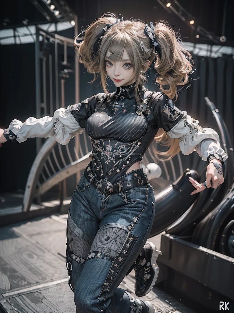 (Full Body View:1.4)、(Side view:1.1)、(Smiling with teeth showing:1.3),(Shibuya Gal:1.5)、(Gothic ta style fashion:1.5)、(Punk RockVisual Kei:1.5)、(Wearing a rhythmic gymnastics bodysuit with intricate details:1.4)、(Racing suit and pants with intricate decorations in white, denim and charcoal:1.5)、(Denim and light blue and white boots:1.3)、((belt))、(Numerous delicate logo marks all over the costume:1.4)、(collar:1.3)、(Striped underwear:1.5)、30 years old、NSFW、((Highest quality、In 8K、masterpiece:1.3))、Sharp focus:1.2、(Layered Cut、Huge boobs:1.1),Beautiful woman with perfect figure:1.4、(Dancing vigorously:1.3)、Slender Abs:1.2、Highly detailed face and skin texture、Detailed eyes、double eyelid,(Twin tails:1.3)、(Brown-golden hair:1.3)、Gravure idol、(The background is the stage of the fashion show:1.3)、(Slim body:1.3),(Make your legs thinner:1.4),(clavicle:1.1)、(Thin and slim thighs:1.3)