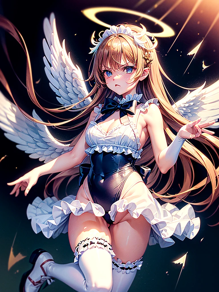 Highest quality,Highest Resolution,Beautiful girl with angry face in maid leotard,Frills,High leg,(((Floating in the air))),Halo,universe,Milky Way,Very beautiful eyes,(((White angel wings on the back))),whole body,long hair,(((Shoot a bow))),Knee-high stockings,Floating in the air,