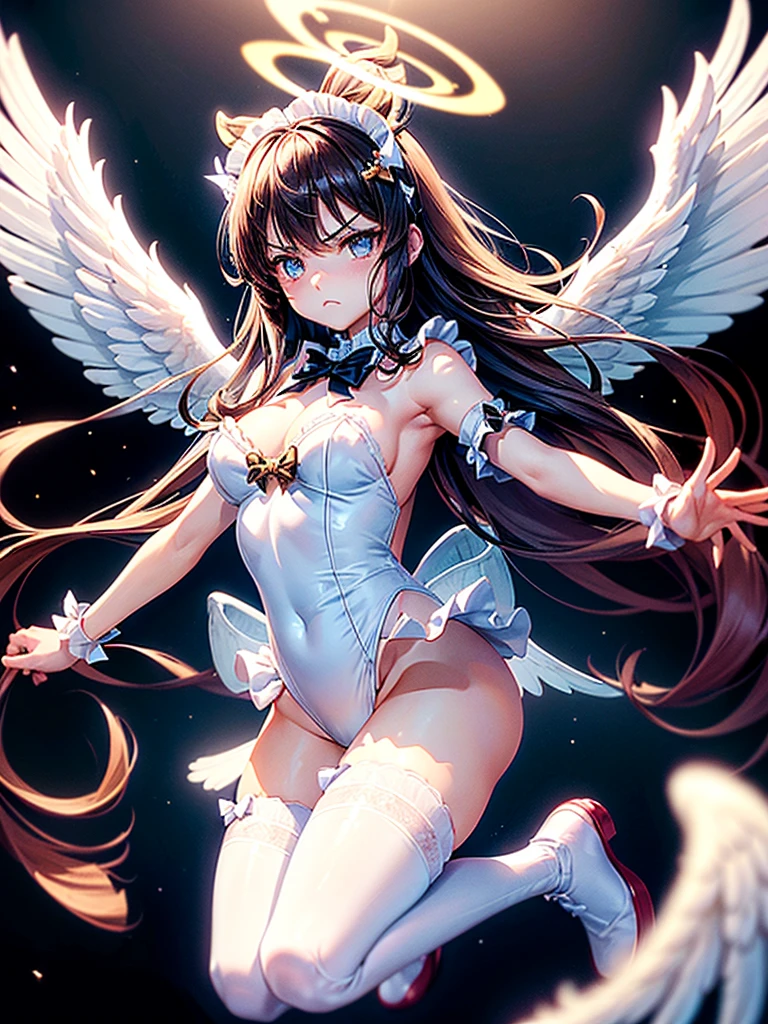 Highest quality,Highest Resolution,Beautiful girl with angry face in maid leotard,Frills,High leg,(((Floating in the air))),Halo,universe,Milky Way,Very beautiful eyes,(((White angel wings on the back))),whole body,long hair,(((Shoot a bow))),Knee-high stockings,Floating in the air,