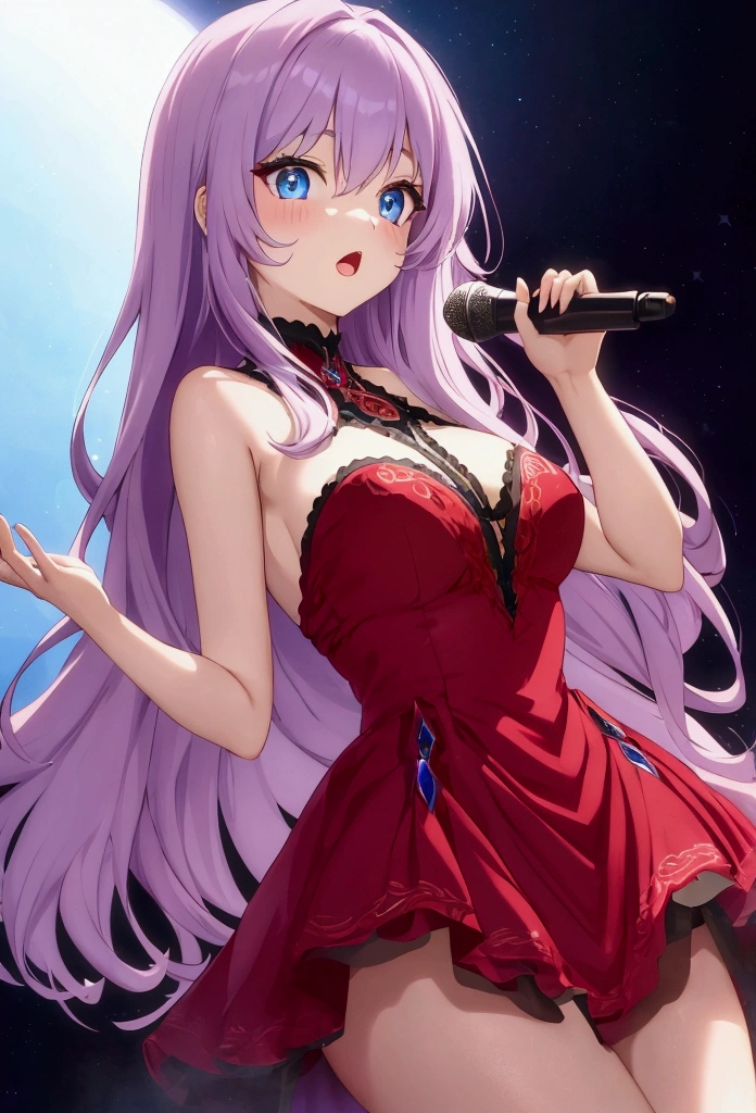 a one woman,with long lilac hair,blue colored eyes,with a short red dress,singing