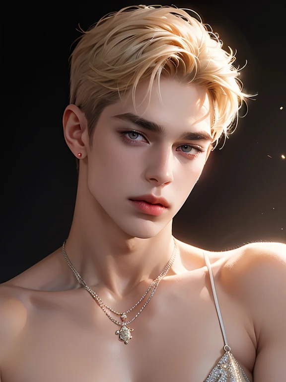 a male, big filler-lips , short blond hair, wear a sexy dress, look at viewers, full body portrait, amazing beauty, dynamic pose, close hand, waist up, dramatic lighting, gorgeous, milky white, highly detailed skin, realistic skin details, visible pores, clear focus