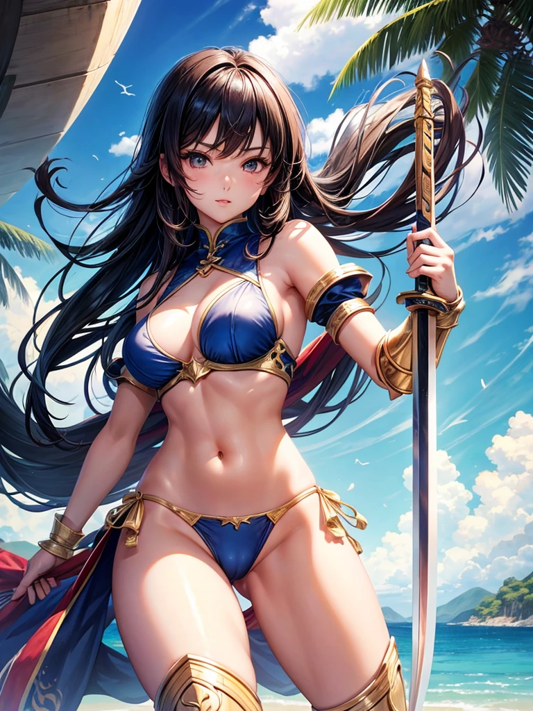 Beautiful Asian girl, 18 years old, light bikini knight girls, sexy lady, medium breasts, camel toe, long sword,