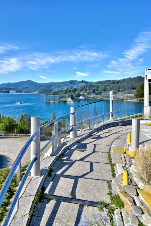 8K, Photorealistic, Top Quality, Ultra High Resolution, Masterpiece, Raw Photo, Bright Lighting, Balance Carefully、View of a walkway leading to a large body of water, Okinawa Japan, Ehime, beautiful iwakura, Chiba Prefecture, Vision, japan shonan enoshima, Japan Tourism, Written by Zhongyuan Nantianfang, Beautiful views, Heroine Japan Vivid scenery, Lake Kawaguchi, kanagawa prefecture, Observatory, Tourist destinations