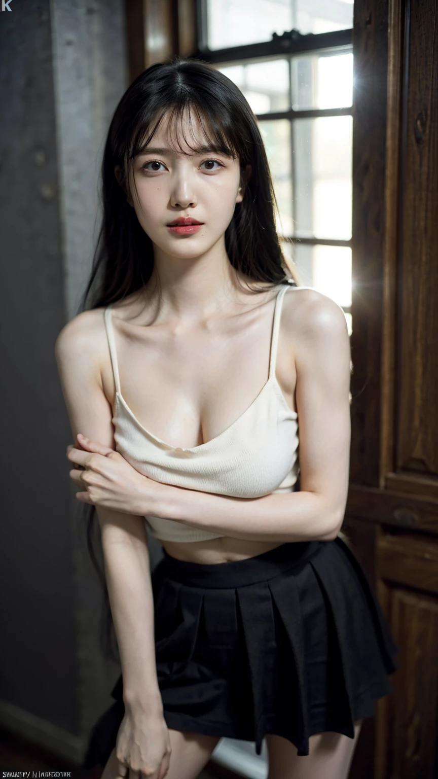1girl, woman, masterpiece, best quality, highest quality, cinematic lighting, (volumetric lighting), extremely detailed CG unity 8k wallpaper, focused, 8k wallpaper, extremely detailed, ultra realistic, photorealistic, sharp focus, absurdres, (HDR:1.2), (high contrast), photograph, detailed and intricate, instagram, portrait, highly detailed, digital painting, artstation, concept art, smooth, sharp focus, illustration, cinematic lighting, (golden ratio of breast size), ((medium shoulder)), (skinny legs), (slender body), (height 163cm), (HQ skin:1.4), (knit strap tanktop, very short black skirt), (standing, show thighs), ((long hair)), (hips shot, hip level shot), medium shot, ((eyes looking at viewer)), (crossed arm), (Big breast:1.3)