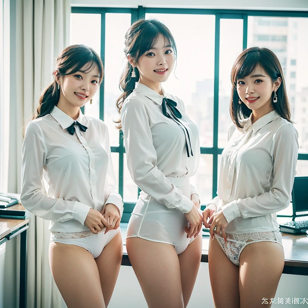 (A close-up photo of three beautiful Japanese office ladies), Everyone looking at the viewer, In a large office, (All smiling), Highest Resolution, masterpiece, (All wearing elegant formal white high-neck blouse, and panties), All wearing earrings, (exposing thigh)