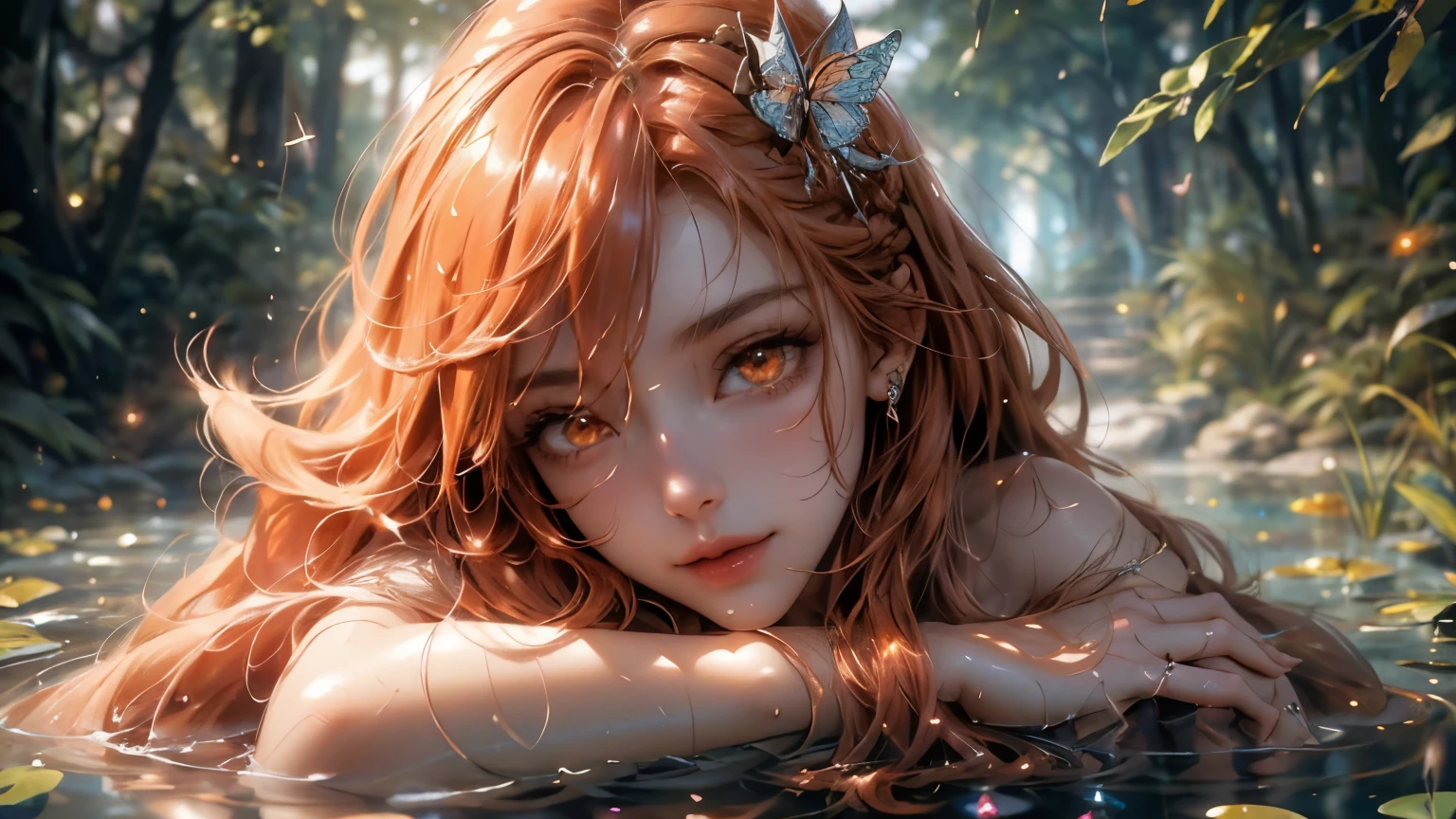 landscape of an woman, landscape of a very beautiful woman,(((cowboy shot))), asuna \(Sword Art Online\), anime style, (((lie sideaways)))!!, (lie sideaways on the shallow water at by the pond), looks at the camera with beautiful Orange eyes, (Beautiful orange eye's like sapphire :1.40)!!, Stars in her fixed eyes, (homochromatic eyes)!!! attractive smile, Cute little nose, Orange hair between eyes, orange hair bangs, (ultra shine orange hair)!!, (curvy braide hair )!!, ((dynamic composition)), (bare shoulders)!!, detailed realistic hair, breathtaking rendering, Sweet girl, Best Quality, Masterpiece, Ultra-detailed, Beautiful, hight resolution, Original, CG 8K, perfect artwork, beatiful face, Face Clean, Skin, hyper realistic, Ultra Detailed, A detailed eye, dramatic lighting, (Realistic) Realistic, Full HD, Best Quality, Best Quality, Beautiful lighting, (8k wallpaper of extremely detailed CG unit), High Details, sharp-focus, The art of dramatic and photorealistic painting, beautiful smile, Incredibly detailed face, hyper detailed face, A face with a lot of detail, Perfect nose, gorgeous smile, A star in the eye, Perfect eye shadow, wink, Hyper-Detailed Eyes, Hyper-detailing of eyebrows, Hyper-detailed eyelashes, ((In shallow water)), by the pond, Beautiful butterflies are flying, (((Wet body))), Shiny skin, Fine-grained skin, Fine-grained hair, (Butterflies flying around a 1girl), (Starry sky), forest, Pillar of Light, water lily, mosses, crystal clear clean water, Moonlight, Glitter, (Midnight, Dark)