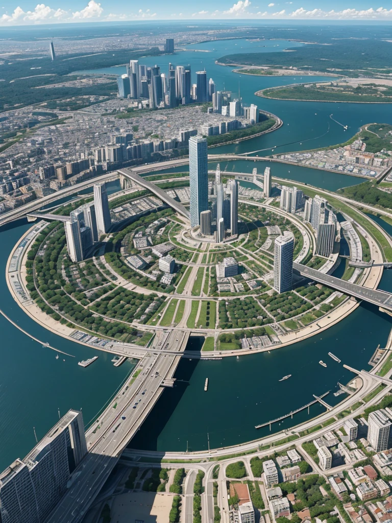 The city of lunathion from crescent city book series, circle shaped city , the city has 7 small gates evenely spread around the city's perimeter,the inner part of the circle shaped city features tall  modern buldings, orderly grid roads and streets, a small gate in the middle of the city, a wide slightly curved river that crosses the city from one side to the other at the bottom part of the circle, and the outside of the circled shape city is surrounded by woods