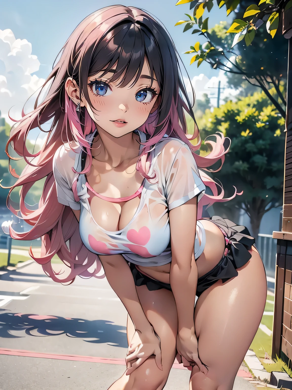 (best quality,4K,8k,high resolution,masterpiece:1.2),super detailed,(actual,realistically,realistically:1.37), Ultra high definition face, Woman in striped bikini posing for photo, ((white oversized t-shirt), ((glossy lip)), attractive girl, (gyaru:1.2), (caramel skin:1.3), jaw-dropping beauty, large breasts, Thin waist and thick hips, hourglass figure, rosy cheeks, (((beautiful black and pink mesh hair))), Alluring with a smile, Bokeh, Dynamic Angle, (((Leaning forward:1.2))), close arms, Close-up face:1.5, whole body, From below:1.2, (Correct Anatomy:1.6, Ideal body proportions, The right move:1.5, Small hands), in the park, midjourney