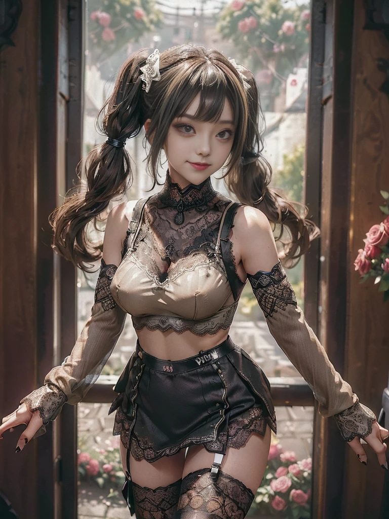 (Full Body View:1.3)、(Side view:1.1)、(Smiling with teeth showing:1.3),(Shibuya Gal:1.5)、(PLAYBOY girl:1.3)(Neo-goth style fashion:1.5)、(Idol Costumes:1.4)、(Medieval royal knitted miniskirt nightdress in wine, dark brown and beige with decorations:1.5)、(Black, brown and beige gloves and a Compression shirt:1.5)、(Denim high heels:1.3)、(Wearing silver accessories:1.5)、(Lace collar:1.4)、(Leather garter belt:1.4)、(Brown Skin Belt:1.3)、(Black lace underwear:1.5)、30 years old、(Doing an aerobics pose:1.3)、((Highest quality、In 8K、masterpiece:1.3))、Sharp focus:1.2、(Layered Cut、Huge boobs:1.1),Beautiful woman with perfect figure:1.4、(Dancing vigorously:1.3)、Slender Abs:1.2、Highly detailed face and skin texture、Detailed eyes、double eyelid,(Twin tails:1.3)、(Brown-golden hair:1.3)、Gravure idol、(The background is a VIP room of a high-class cabaret club surrounded by roses outdoors on a sunny day.:1.3)、(Slim body:1.2),(Thin thighs:1.4),(clavicle:1.1)