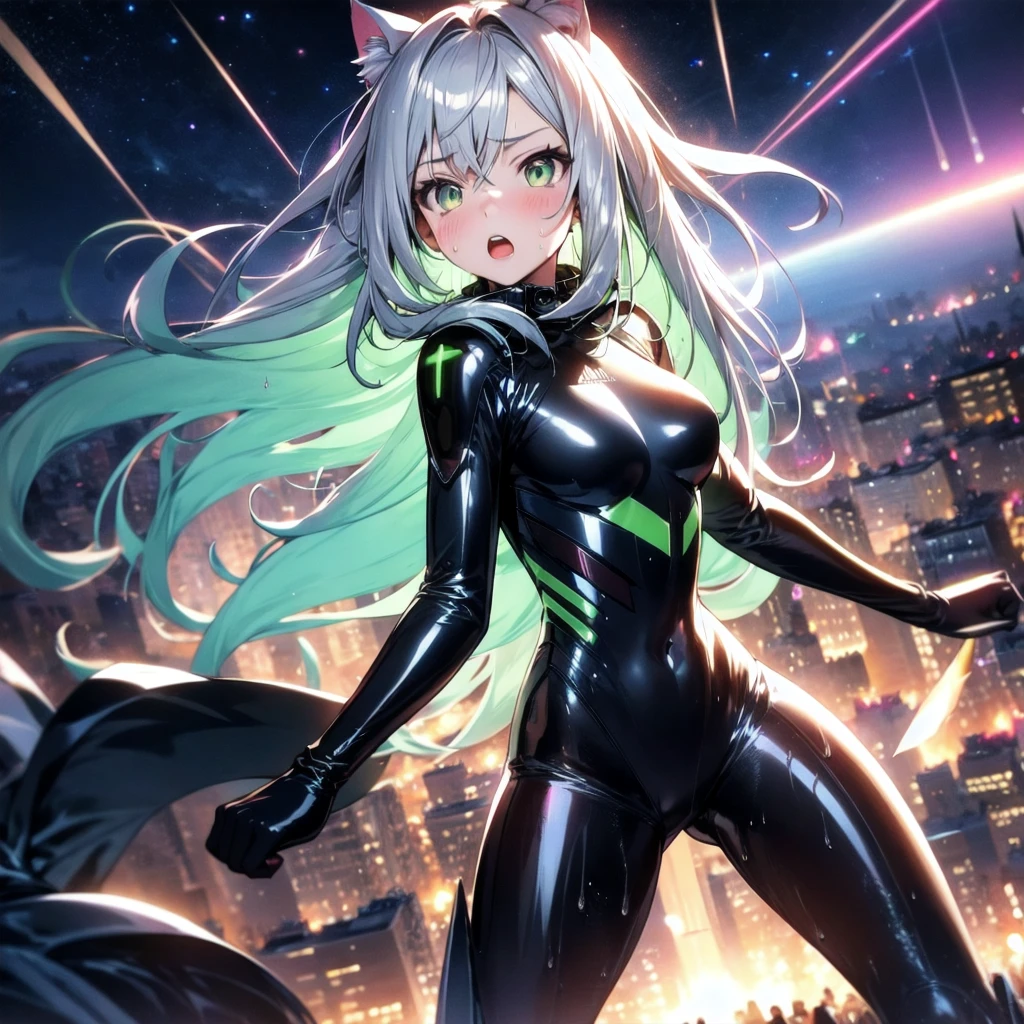 prompts A silver-haired beautiful girl with cat ears eyes are green hair is silver and long clothes: a form-fitting black combat suit The fist is an afterimage The background is a city at night her is in a cat-like fighting pose The year is 14 years monitor, Dark Night, Sweat, Steam of Exhalation, Space, Battle, Dynamic Angle,