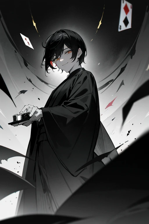 Dark Shadows、In a dark room、Monochrome、darknesale性、male、Short Hair、Golden eyes、adult、Alluring、Chinese style、Black robe、Cool Beauty、Underworld person、Chinese mafia、gambler、gambling maniac、illegal gambling、mad Men、murderer、sex appeal、floating々、Dark Smile、grin、suspicious、Alluring、No highlights in the eyes、Toy、From below
