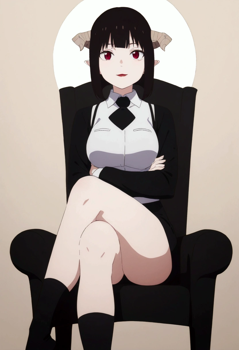 (work of art, ultra detali,high resolution,8K), 1 girl ,standing alone,hinterland,Look to viewer, TochaTortura, trunk,sheen,brunette skin,sitting on a chair,legs crossed,,black socks,horns on head,ssmile,face red,blushed,ssmile,staring overhead