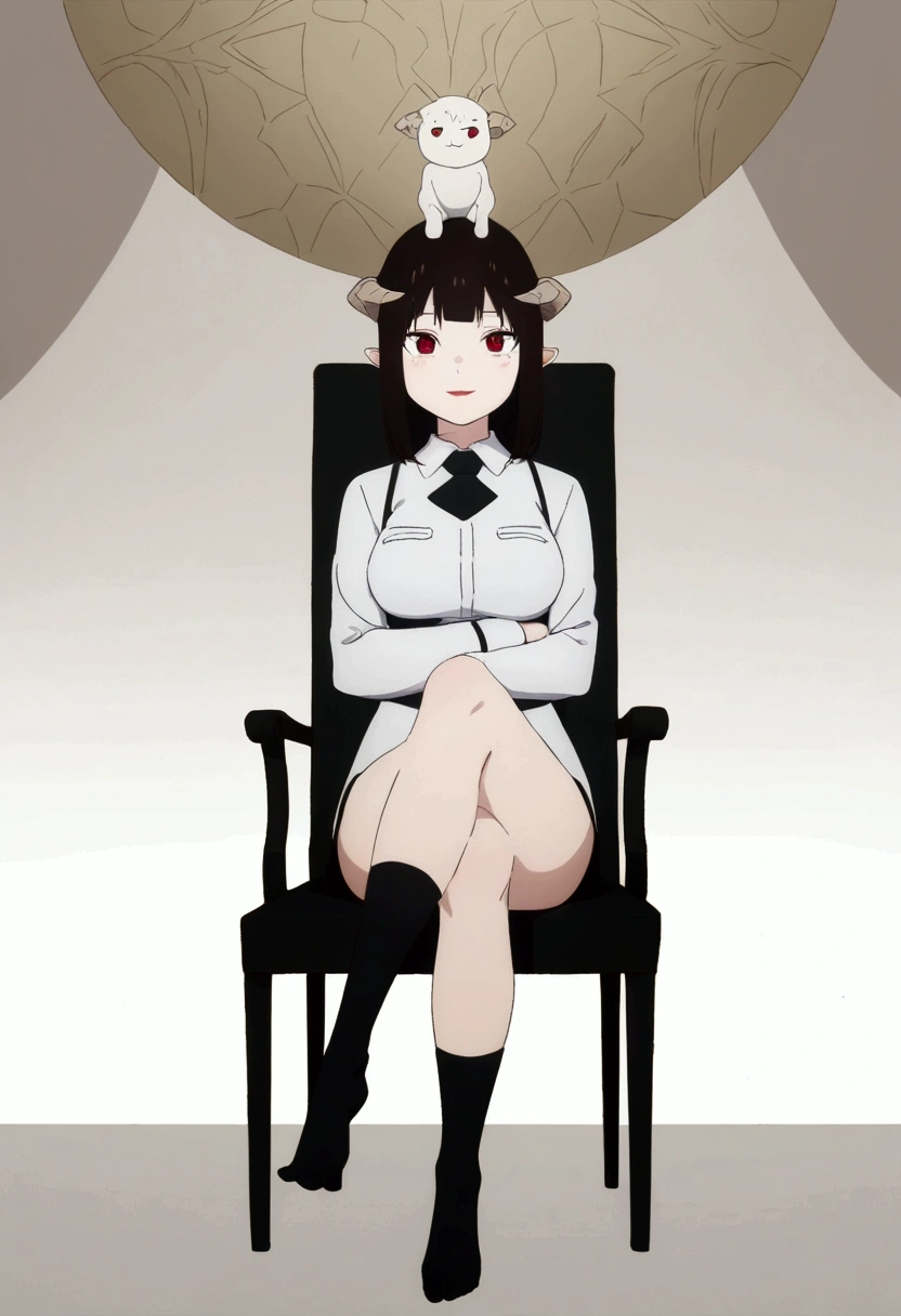 (work of art, ultra detali,high resolution,8K), 1 girl ,standing alone,hinterland,Look to viewer, TochaTortura, trunk,sheen,brunette skin,sitting on a chair,legs crossed,,black socks,horns on head,ssmile,face red,blushed,ssmile,staring overhead