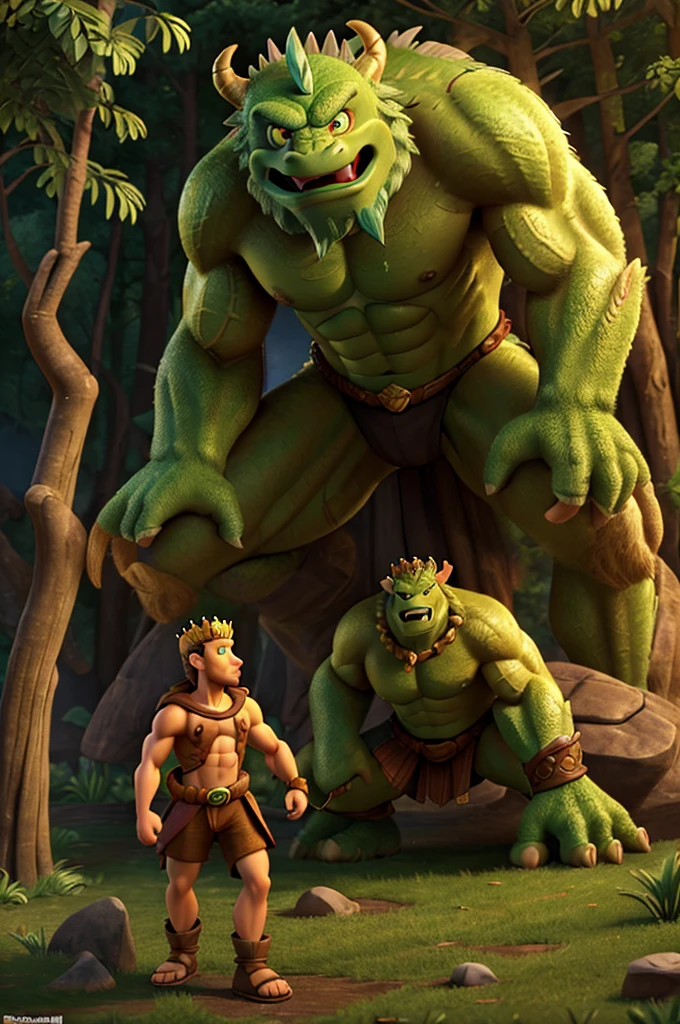 muscular green weredragon, enormous muscles, climbing down beanstalk, barbarian god king, golden armor, gold crown, brown and golden bracelets, brown sandals, village forest background, highly detailed, intricate muscular body, cinematic lighting, dramatic pose, fairytale fantasy, hyper realistic, 8k, photo cartoon