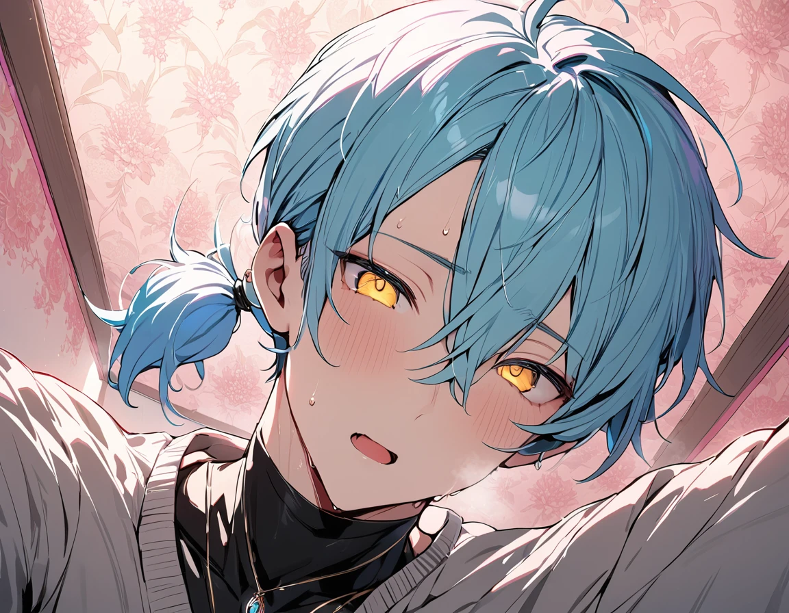 ((((best masterpiece, best quality, wallpaper,)))) solo, guy, male body, small muscles, flat chest, 1male, 30 years old, handsome man, dramatic angle, upper body, looking at viewers, beautiful detailed, mediumturquoise hair, ((((Lower short ponytail)))), asymmetrical bangs, ((short hair,)) blush stickers, sweat, (((perfect face, extremely detailed eyes,))) ((( jitome, gold eyes, ^o^, tareme, droopy eyes,))) perfect hands, sharp nose, clear face, black turtleneck, grey cardigan, ((silver piercing, pendant,)) leggings, pink background color ultrasharp, 8K, masterpiece,